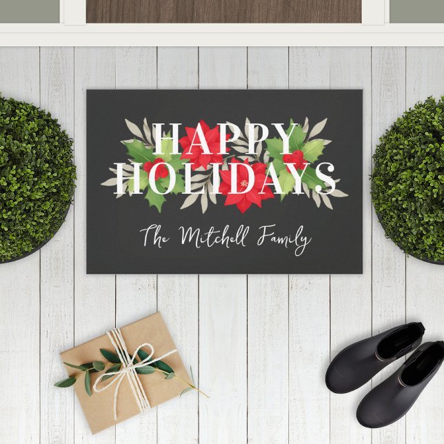 Happy Holidays Grey Christmas Floral Family Name Doormat (Creator Uploaded)