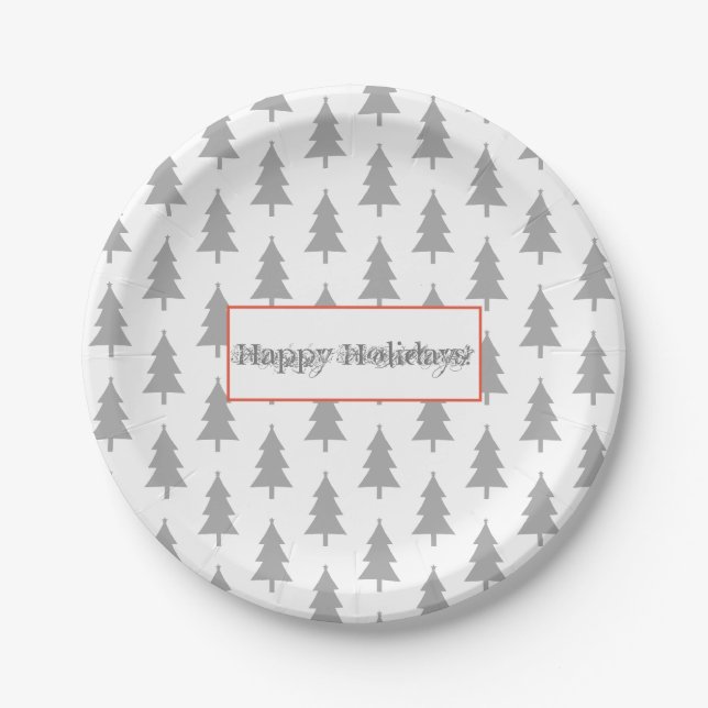 Happy Holidays Grey On White Fir Tree Pattern Paper Plate (Front)