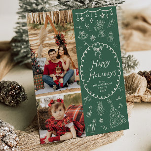 Happy Holidays Hand Drawn Icons Green 2 Photo Holiday Card