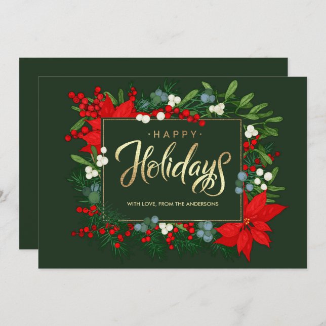 Happy Holidays. Hand drawn Mistletoe, Poinsettia Holiday Card (Front/Back)