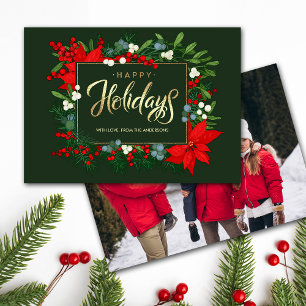 Happy Holidays. Hand drawn Poinsettia Frame Photo Holiday Card