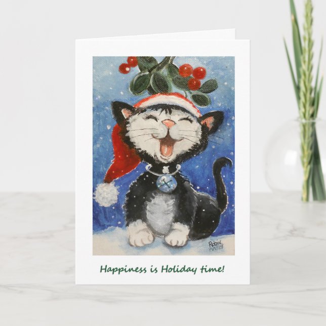 Happy Holidays!, Happy cat under mistletoe Card (Front)