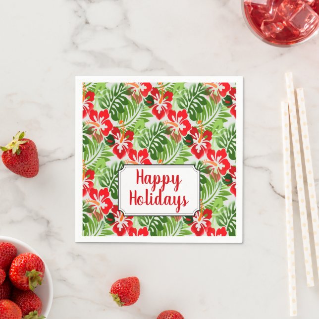 Happy Holidays Hawaiian Flowered Pattern Christmas Napkin (Insitu)