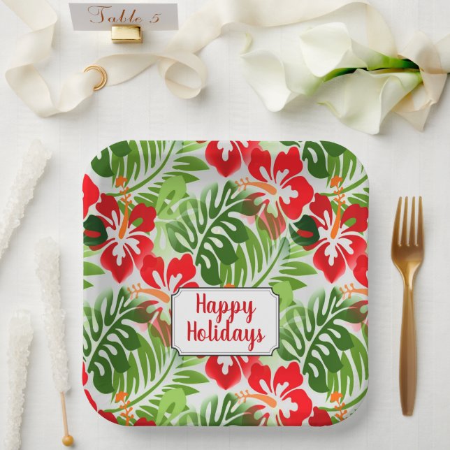 Happy Holidays Hawaiian Flowered Pattern Christmas Paper Plate (Wedding)