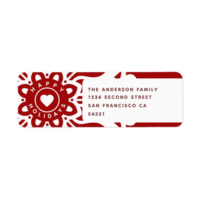 Happy Holidays Heart Snowflake Red White Return Address Label (Front)