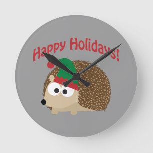 Happy Holidays! Hedgehog Elf Round Clock