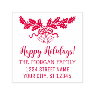 Happy Holidays Holly and Bells Name Return Address Self-inking Stamp