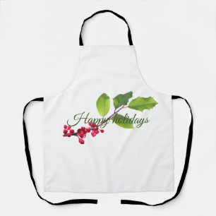 Happy holidays holly berries and leaves apron