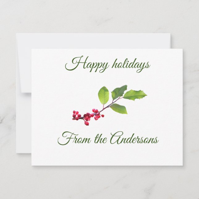 Happy holidays holly berries branch name place card (Front)