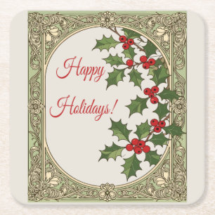 Happy Holidays Holly Berry Art Nouveau Christmas Square Paper Coaster
