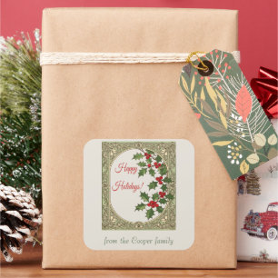 Happy Holidays Holly Berry Art Nouveau Christmas Square Sticker