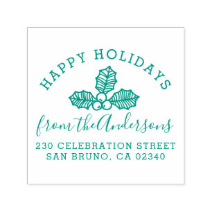 Happy Holidays Holly Family Name & Return Address Self-inking Stamp