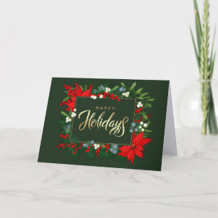 Happy Holidays. Holly, Mistletoe and Poinsettia Holiday Card