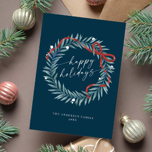 Happy Holidays Holly Ribbon Wreath Christmas Card