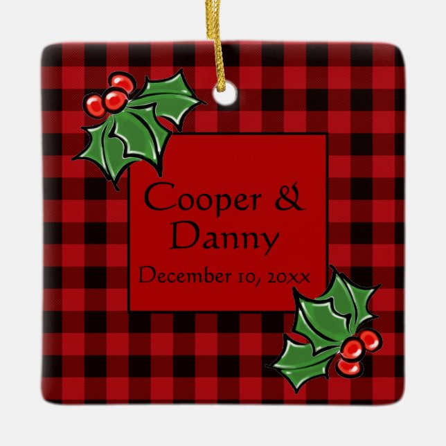 Happy Holidays Holly Sprigs, Christmas greenery Ceramic Ornament (Front)