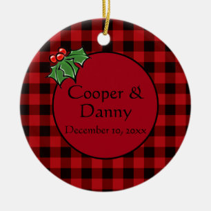 Happy Holidays Holly Sprigs, Christmas greenery Ceramic Ornament