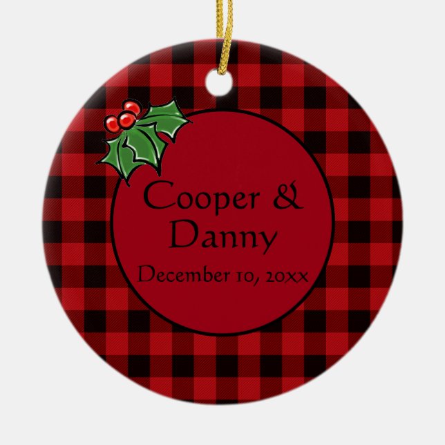 Happy Holidays Holly Sprigs, Christmas greenery Ceramic Ornament (Front)