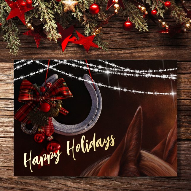 Happy Holidays Horse and Horseshoe Christmas Flat Foil Holiday Card (Creator Uploaded)