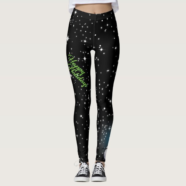 Happy Holidays in Green Text with Snowman on BLACK Leggings (Front)