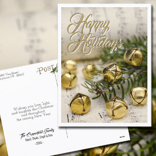 Happy Holidays Jingle Bells Gold White Holiday Postcard