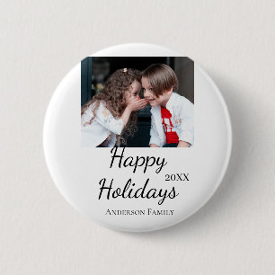 Happy holidays kids family photo modern gifts text 6 cm round badge