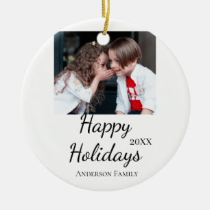 Happy holidays kids family photo modern gifts text ceramic ornament