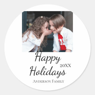 Happy holidays kids family photo modern gifts text classic round sticker