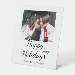 Happy holidays kids family photo modern gifts text pedestal sign