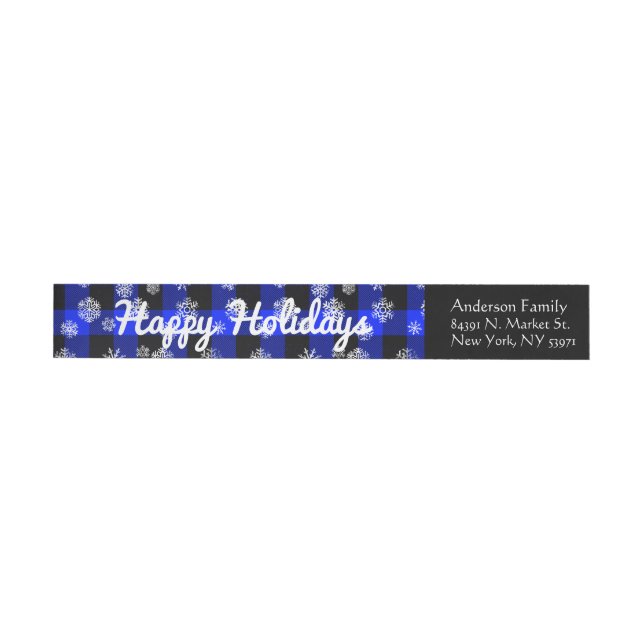 Happy Holidays l Snowflakes Blue Buffalo Plaid Wrap Around Label (Individual)