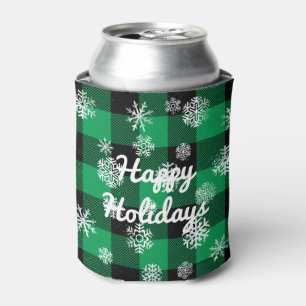 Happy Holidays l Snowflakes Green Buffalo Plaid Can Cooler