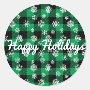 Happy Holidays l Snowflakes Green Buffalo Plaid Classic Round Sticker