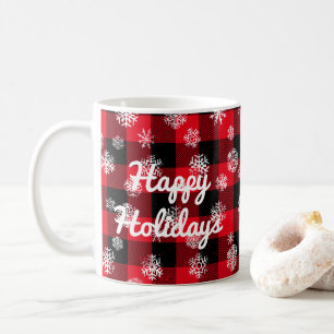 Happy Holidays l  Snowflakes Red Buffalo Plaid Coffee Mug