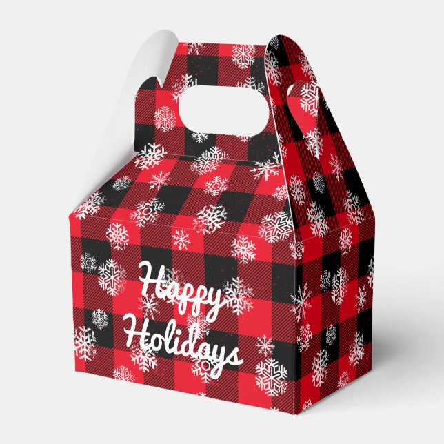 Happy Holidays l  Snowflakes Red Buffalo Plaid Favour Box (Front Side)
