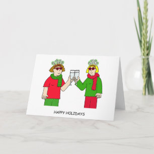 Happy Holidays Lesbian Couple in Funky Outfits Holiday Card