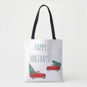Happy Holidays Little Red Truck Christmas Tree Tote Bag