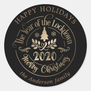 happy holidays lockdown year gold black classic round sticker