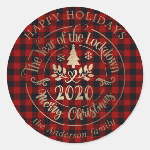 happy holidays lockdown year gold buffalo plaid classic round sticker