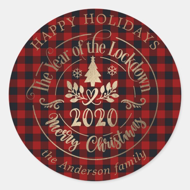 happy holidays lockdown year gold buffalo plaid classic round sticker (Front)