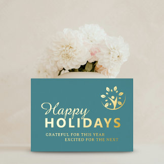 Happy holidays logo business turquoise gold foil foil holiday card