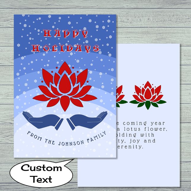 Happy Holidays lotus flower custom text blue Holiday Card (Creator Uploaded)