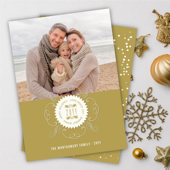 Happy Holidays Love Peace Joy Ornate Seal Photo Holiday Card (Creator Uploaded)