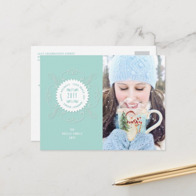 Happy Holidays Love Peace Joy Ornate Seal Photo Holiday Postcard (Front/Back In Situ)