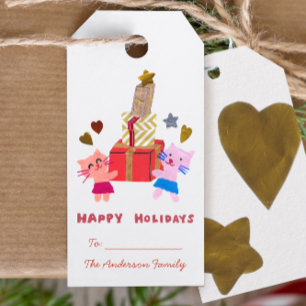 Happy Holidays lovely cats and presents white Gift Tags
