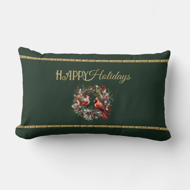 Happy Holidays Lumbar Pillow with Cardinal Wreath (Front)