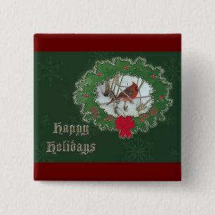 Happy Holidays Male Cardinal Songbird 15 Cm Square Badge