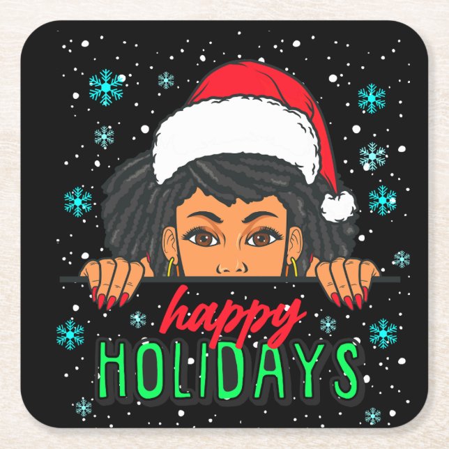 Happy Holidays melanin Christmas Black Girl Magic Square Paper Coaster (Front)