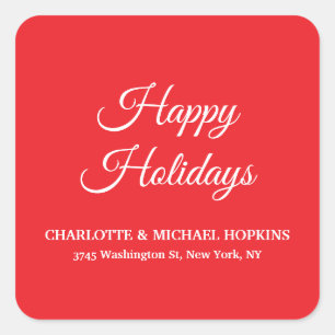 Happy Holidays Merry Christmas Bright Red Family Square Sticker