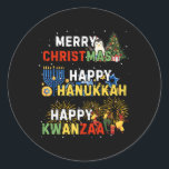 Happy Holidays Merry Christmas Happy Hanukkah Happ Classic Round Sticker<br><div class="desc">Happy Holidays Merry Christmas Happy Hanukkah Happy Kwanzaa 1</div>