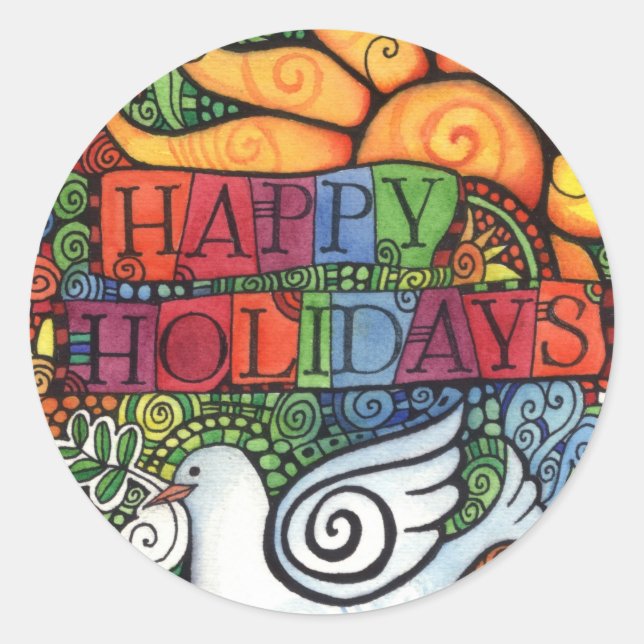 Happy Holidays Merry Christmas Peace Dove Classic Round Sticker (Front)