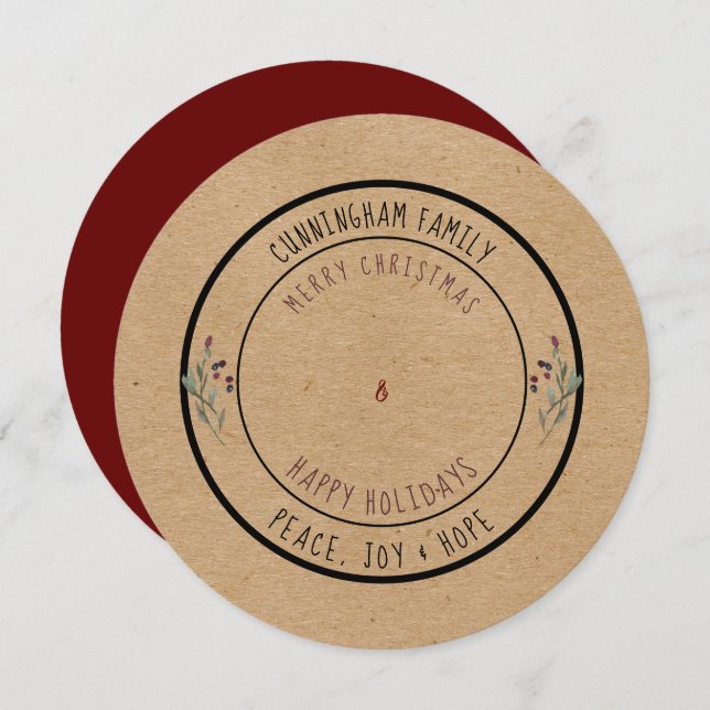 Happy Holidays & Merry Christmas Round Rustic Holiday Card (Front/Back)